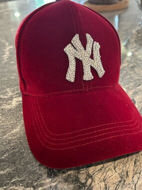 NY Logo Velvet Baseball Cap - Red with Rhinestone Accent